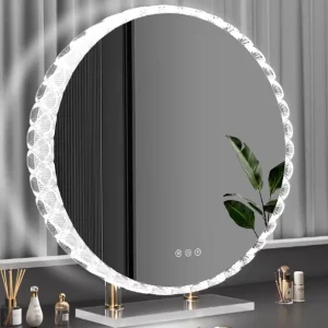 Factory LED Desktop Makeup Mirror with Lace Edge Smart Touch Control Vanity Mirror with Dressing Table