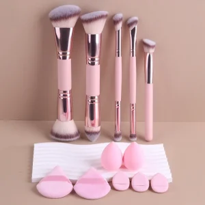 Factory OEM ODM 5Pcs Dual-Ended Makeup Brush Set with Beauty Sponges Custom Logo Pink Synthetic Makeup Brushes