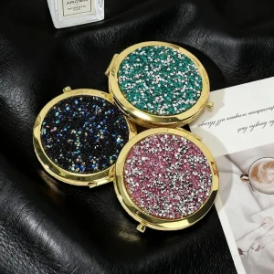 Girl Bling Glitter Sparkling Diamond Glitter Double Sided Portable Compact Folding Makeup Mirror ABS Frame Circle Round Design