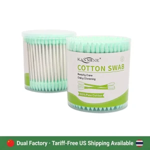 Global Warehouse 200pcs Cotton Swab Double Cusp Green Head Paper Stick Cotton Buds With Round Box