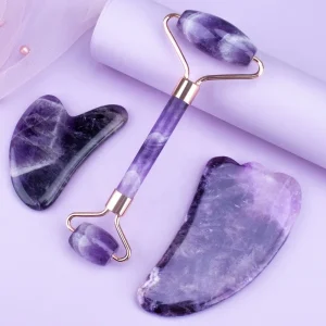 Gouache Amethyst Natural Stone Facial Massager Jade Roller Gua Sha Set SPA Acupuncture Scraping Crystal Gouache Scraper for Face