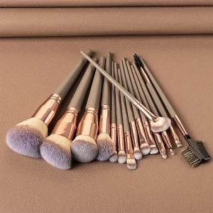 Gray Champagne Gold Color Makeup Brush Set 15pcs Loose Powder Eyeshadow Blush Facial Makeup Tools with Pu Brush Set