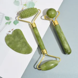 Green Facial Jade Roller Gua Sha Set Natural Jade Roller Massage with Guasha for Body US Plug Box Packed