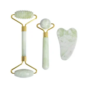 Gua Sha Jade Roller Facial Tool Set Crystal Material Self Care Gift for Men and Women Helps Reduce Puffiness Redness Green