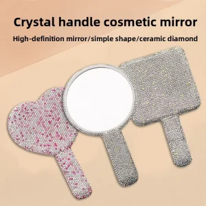 HD Crystal Handle Personalized Heart shaped Luxury Shiny Sparkling Portable Pocket Handheld Makeup Mirror Customized