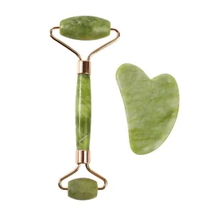 Hand Massager Set with Double Head Natural Jade Green Facial Roller Gua Sha Slimming & Wrinkle Reducing for Face & Body Use