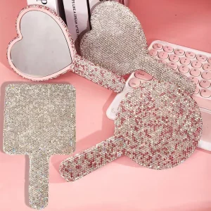 Handheld Mirror Cosmetic Mirror Customized Logo Luxury Shiny Sparkling Diamond Hand Held Makeup Mirror
