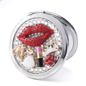 Handmade Luxury Rhinestone Lip Shaped Compact Mirror Women Crystal Makeup Pocket Mirror with Dual Sided Glass for Travel Gift