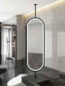 Hanging Rod IP44 LED Illuminated Vanity Mirror Iron Frame Oval Shape Rotating Ceiling Mount Double Sided Bathroom Hotel Use