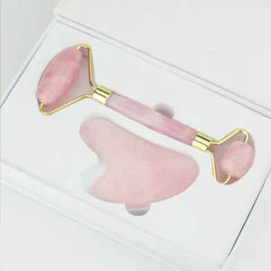Hanhe Handheld Quartz Roller Guasha for Beauty Facial Massage Tool with Box Rose Quartz Gua Sha and Jade Roller Set