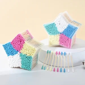 High Quality 500pcs Cotton Buds 5 Mixed Colors Packed in Pentacle Box Eco-Friendly Disposable Cotton Swabs
