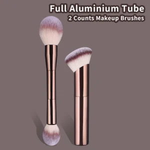 High Quality Custom Vegan Synthetic Hair Makeup Brush Set Aluminum Handles Premium Flat Brush 2-Piece Travel-Friendly