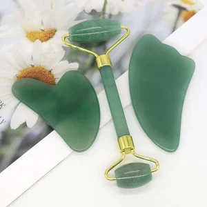 High Quality Green Crystal Guasha Jade Roller Gus Sha Set for Massage Facial