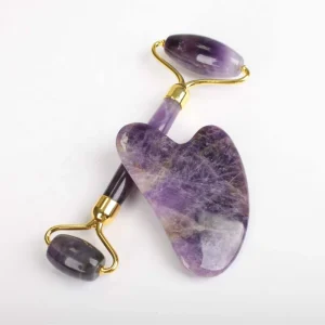 High Quality Natural Anti Aging Face Purple Quartz Jade Amethyst Facial Roller Gua Sha with Box