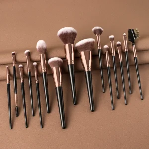 High Quality New Large 15 Piece Black Gold Professional Face Makeup Brush Set with Fan Brush Synthetic Hair Custom Logo