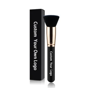 High Quality Private Label Black and Gold Long Wood Handle Kabuki Makeup Single Liquid Flat Foundation Brush With Package