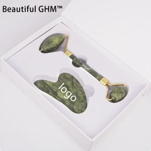 High Verified Supplier BeautifulGHM 100% Natrual Xiuyan Green Jade Stone Face Massage Roller and Gua Sha with Paper Box