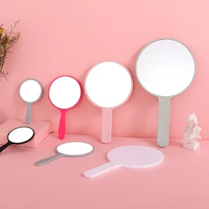 High definition Round Women’s Makeup Mirror Plastic Frame Portable Handheld Logo Printing Handle Compact Travel Mirror