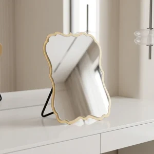 Irregular Frame Makeup Mirror with Metal Foldable Stand Retro Elegant Wavy Edge Desktop Vanity Mirror OEM ODM