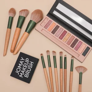 JOMAY High Quality Custom Logo 10pcs 12pcs Brown Wooden Professional Makeup Artist Makeup Brush Sets Foundation Brush