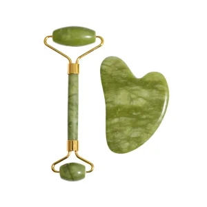 Jade Facial Roller Gua Sha Tool Set Green Face Massager Anti Aging Skincare Eye & Neck 57mm X 145mm Zinc Alloy Frame