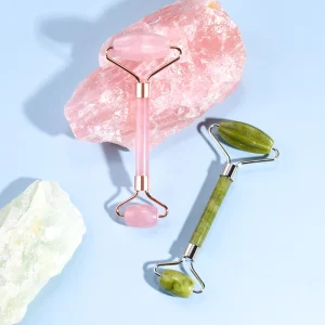 Jade Facial Roller Rose Quartz Roller Custom Logo Pink Green Cold Jade Stone Roller Face Massage Tool Double Head Facial Roller