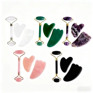 Jade Roller and Gua Sha Combo for Under eye Puffiness Relief Gift Set Custom Logo High Quality Rose Quartz Roller