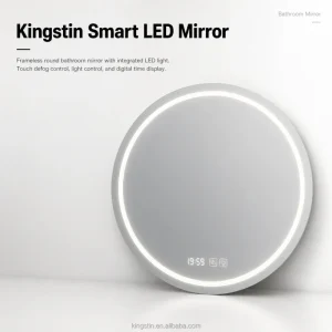 Kingstin Round Smart LED Bathroom Mirror Frameless Dimmable Anti Fog Wall Makeup Mirror with Time Display Bluetooth Music