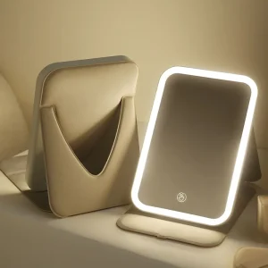 LED Folding Rechargeable 3 Color Light Rotating Makeup Mirror with 64 LED Light Cosmetic Touch Sensor Switch Portable Foldable
