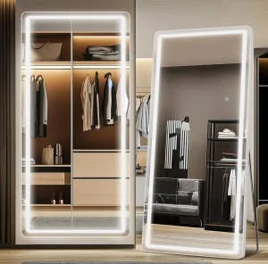 LED Full Length Aluminum Frame Mirror 76×34″ Lighted Dimmable 3 Color Lighting Modern Design Floor Standing Explosion Proof