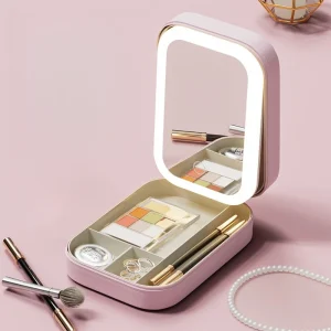 LED Makeup Mirror Dust Proof Plastic Storage Box Folding Design Touch Switch Modern Tri Color Light for Birthday Bathroom Use