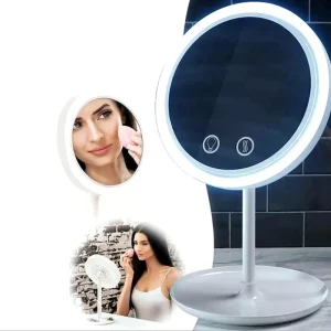 LED Makeup Mirror with Light Storage Desktop Rotating Vanity Mirror Round Shape Cosmetic Mirror for Bedroom