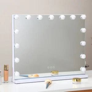 LED Vanity Mirror Square Tabletop Makeup Mirror with Light Bulbs and USB Charging