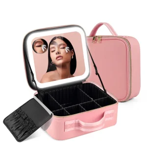 Large Capacity Cosmetic Organizer Case Adjustable Compartments Waterproof Zipper Portable Travel Makeup Bag Mirror LED