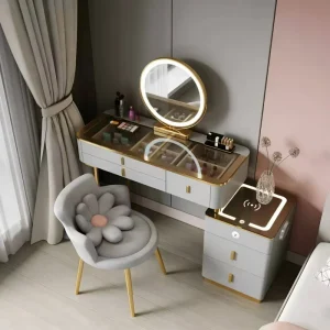 Light Luxury Makeup Vanity Gold Frame Flower Stool Dressing Table Set LED Mirror Storage Drawers for Bedroom
