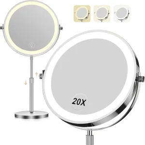 Lighted Makeup Mirror 1x 10x Magnification Rotatable Vanity Mirror 3 Colors Adjustable Light Rechargeable Double Sided