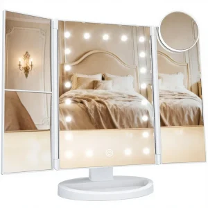 Lighted Makeup Vanity Mirror 2X 3X 10X Magnification Foldable Touch Control Dual Power Supply Silver Finish Gift for Women Dorm