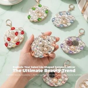 Lip Shaped Full Rhinestone Compact Mirror Flower Pearl Embellished Double sided Folding Makeup Mirror for Travel Gifts