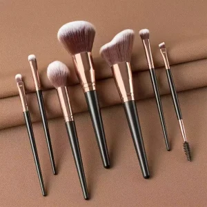 Luxury Customizable Logo & Color Package Plastic 7 Pcs Synthetic Fibre Flat Fan Facial Makeup Brushes Set with Bag