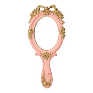 Luxury European Portable Oval Embossed Rose Travel Princess Metal Cosmetic Handheld Makeup Vintage Hand Mirrors With Handle
