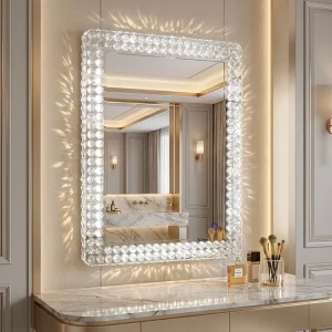 Luxury LED Crystal Makeup Mirror Diamond Lighted Vanity Mirror Large Desktop Smart Touch Cosmetic Mirror for Hair Salon
