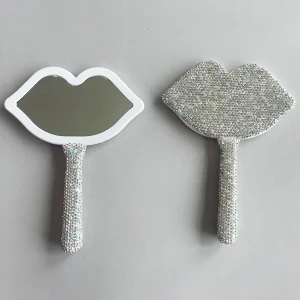 Luxury Shiny Diamond Rhinestone Lip Shape Bling Diamond Makeup Mirror Handheld Cosmetic Beauty Mirror