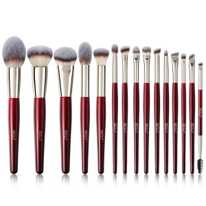 Luxury Vegan Hair 15pcs Burgundy Red Wood Handle Makeup Brush Set Foundation Powder Blush Brushes