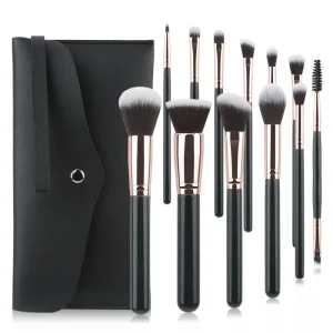 Makeup Brush Set 12pcs Professional Makeup Brushes Wooden Handle Cosmetics Brushes with PU Storage Bag Foundation Concealer Set