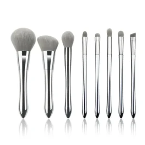 Makeup Brush Set Silver Vegan Brushes for Face and Eyebrow Pencil 8 Pieces Per Set