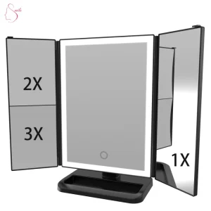 Makeup Mirror with 4 LED Tape Lights Trifold Vanity Mirror with Lights and Touch Screen 1x 2x 3x Magnification