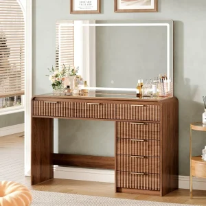 Makeup Vanity with Lighted Mirror & Glass Top 7 Drawers Table with 3 Color Lights & Brightness Adjust Walnut for Bedroom