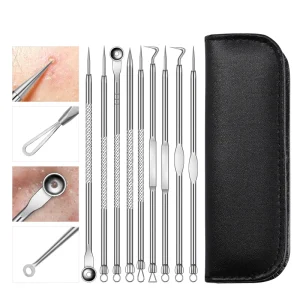 Manufacturer 9 Pcs Blackhead Remover Tool Kit Stainless Steel Blackhead Needle Comedone Tweezers Acne Pimple Extractor Face