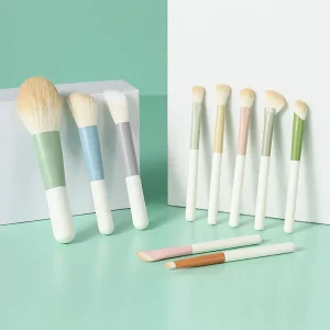 Mini Eco-friendly Makeup Brush Set 10-Piece Concealer Mascara Wood Handle Synthetic Bristles Portable Mesh Bag for Face