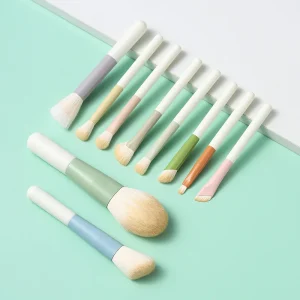 Mini Eco friendly Makeup Brush Set 10pcs Wood Handle Synthetic Fibre Smudge Angular Blush Styles Mesh Bag for Eyeliner Mascara
